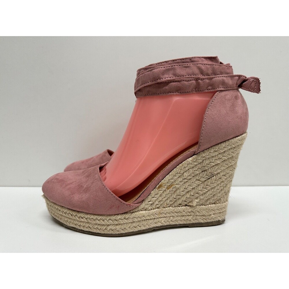 Trash women size 8 pink wedge rope heel sandal faux suede upper lace up sandals